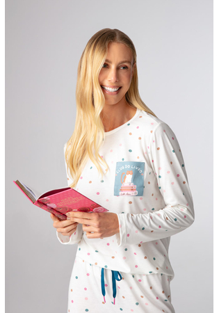 Pijama Feminino Longo Em Malha Pv Poá Colorido