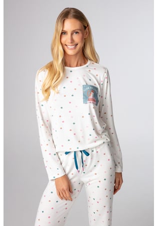 Pijama Feminino Longo Em Malha Pv Poá Colorido