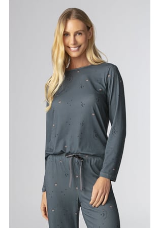 Pijama Feminino Longo Canelado Em Malha Peach