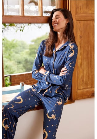 Pijama Feminino Longo Americano Malha Peach Estampa Luas