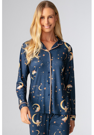 Pijama Feminino Longo Americano Malha Peach Estampa Luas