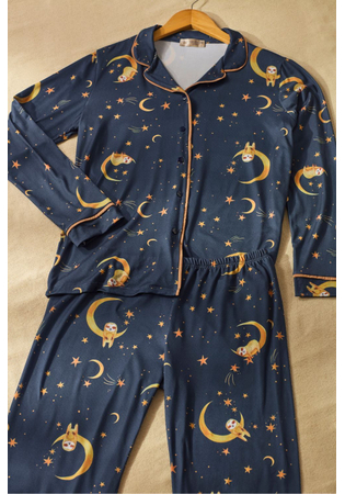 Pijama Feminino Longo Americano Malha Peach Estampa Luas