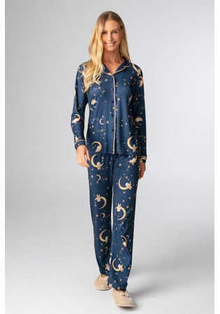 Pijama Feminino Longo Americano Malha Peach Estampa Luas