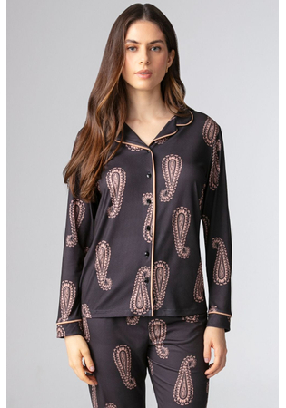 Pijama Americano Feminino Longo Em Malha Peach Estampa Paisley