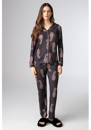 Pijama Americano Feminino Longo Em Malha Peach Estampa Paisley