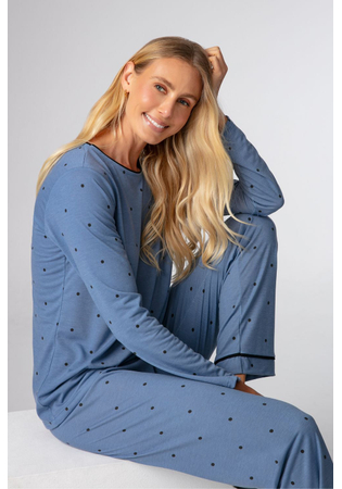 Pijama Feminino Longo Em Viscolycra Poá Azul