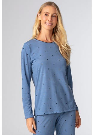 Pijama Feminino Longo Em Viscolycra Poá Azul