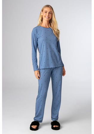 Pijama Feminino Longo Em Viscolycra Poá Azul