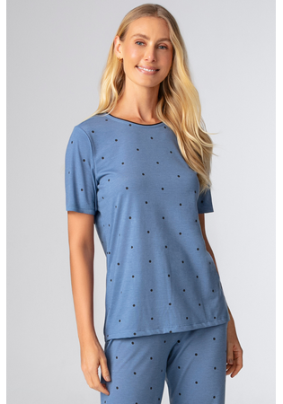 Pijama Feminino Viscolycra Manga Curta E Calça Longa Azul Poá