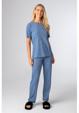 Pijama Feminino Viscolycra Manga Curta E Calça Longa Azul Poá