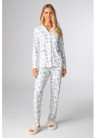 Pijama Feminino Longo Aberto Em Malha Peach Estampado