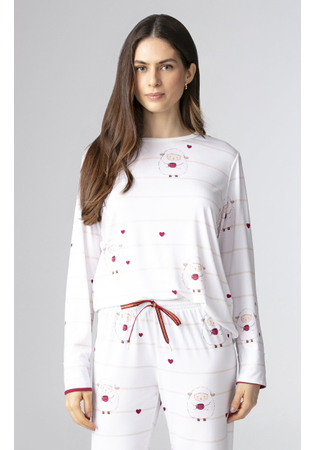 Pijama Feminino Longo Em Malha Peach Ovelhinhas Com Corações