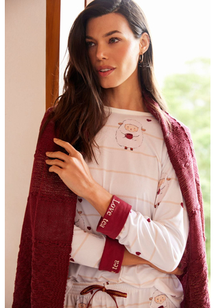 Pijama Feminino Longo Em Malha Peach Ovelhinhas Com Corações