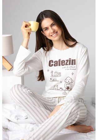 Pijama Feminino Longo Malha Peach Estampa Cafezin