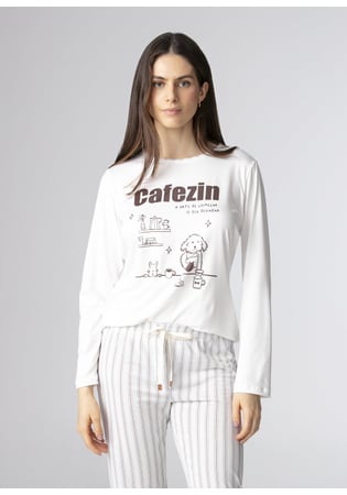 Pijama Feminino Longo Malha Peach Estampa Cafezin