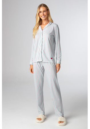 Pijama Feminino Longo Aberto 100% Algodão Listrado Clássico