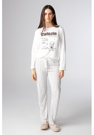 Pijama Feminino Longo Malha Peach Estampa Cafezin