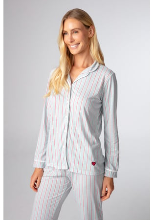 Pijama Feminino Longo Aberto 100% Algodão Listrado Clássico