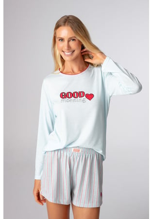 Pijama Feminino 100% Algodão Manga Longa Com Short Listrado