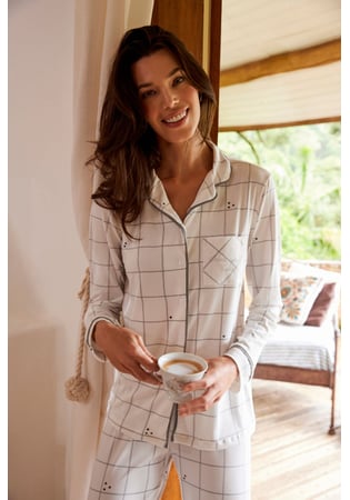 Pijama Feminino Longo Estilo Americano Em Malha Peach Xadrez