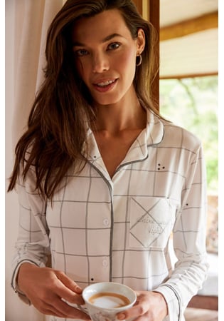 Pijama Feminino Longo Estilo Americano Em Malha Peach Xadrez