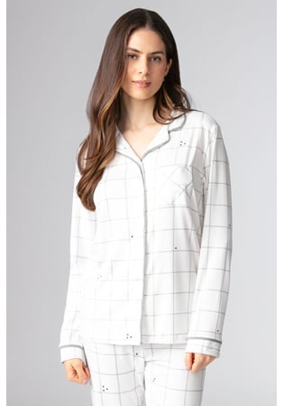Pijama Feminino Longo Estilo Americano Em Malha Peach Xadrez