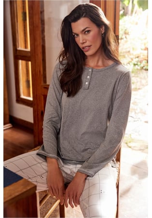 Pijama Feminino Longo Malha Peach Mescla E Xadrez