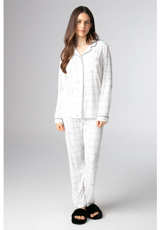 Pijama Feminino Longo Estilo Americano Em Malha Peach Xadrez