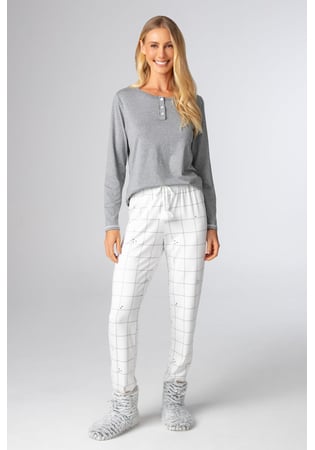 Pijama Feminino Longo Malha Peach Mescla E Xadrez