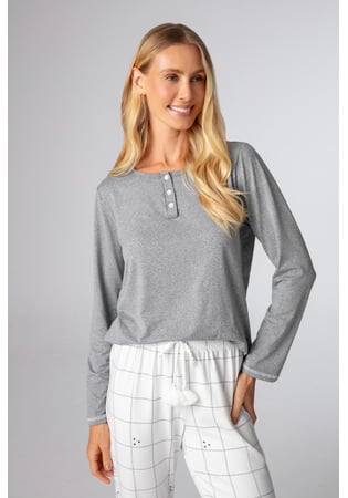 Pijama Feminino Longo Malha Peach Mescla E Xadrez