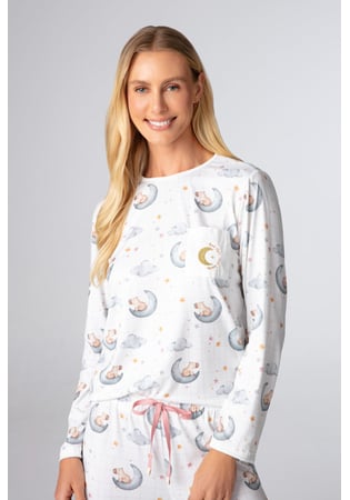 Pijama Feminino Longo Em Malha Peach Capivara