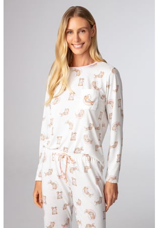 Pijama Feminino Longo 100% Algodão Estampa Ursinhos