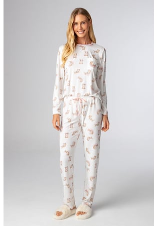Pijama Feminino Longo 100% Algodão Estampa Ursinhos