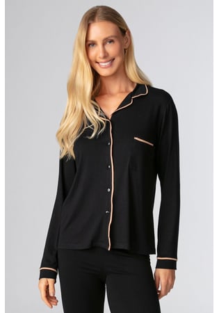 Pijama Feminino Longo Estilo Americano Em Viscolycra Preto