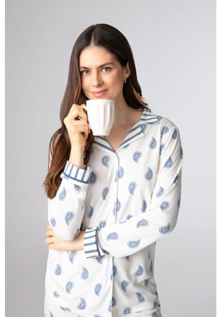 Pijama Americano Longo Feminino 100% Algodão Estampa Paisley