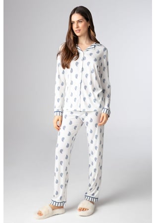 Pijama Americano Longo Feminino 100% Algodão Estampa Paisley