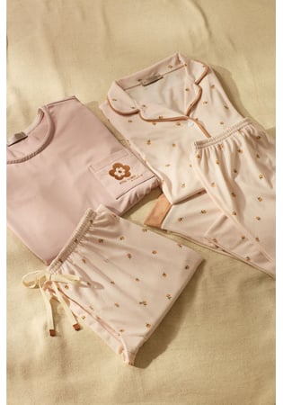 Pijama Feminino Longo Em Malha Pv Rosa Com Detalhe Floral
