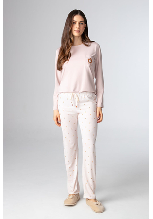 Pijama Feminino Longo Em Malha Pv Rosa Com Detalhe Floral