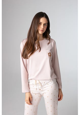 Pijama Feminino Longo Em Malha Pv Rosa Com Detalhe Floral