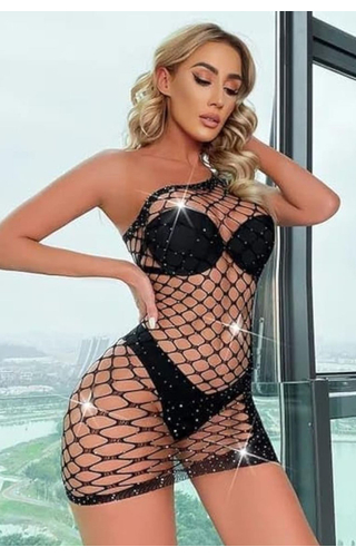 Vestido Arrastão com Micro Strass 