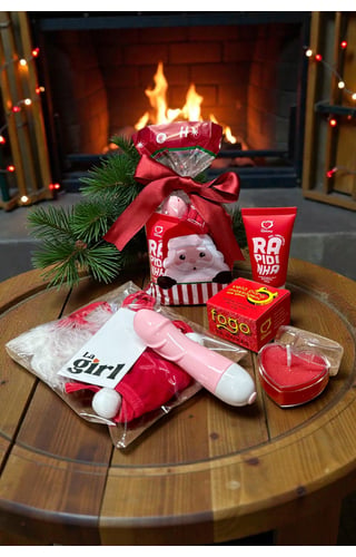 Kit de Natal Calcinha Mamãe Noel, Vela, vibro e gel