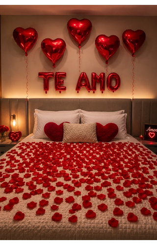 Kit com 5 balões metalizado, TE Amo e 300 pétalas de rosas 