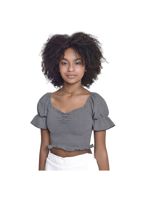 Cropped Juvenil Feminino Amofany Em Malha Vichy Com Manga Bufante