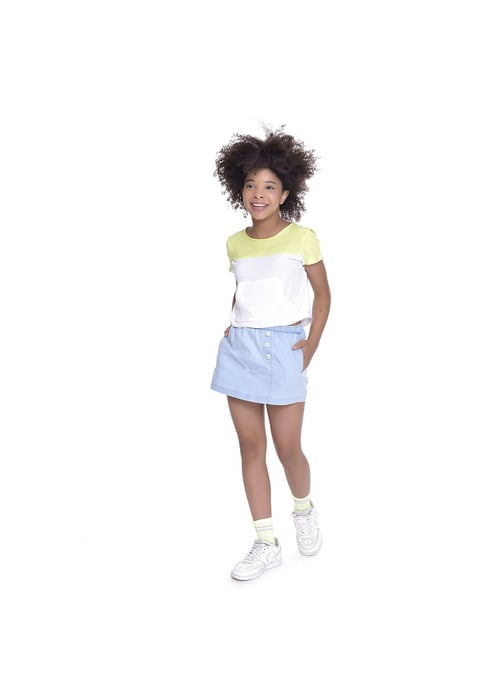 Short Saia Infantil Menina Amofany Em Chambray Com Botão Neon