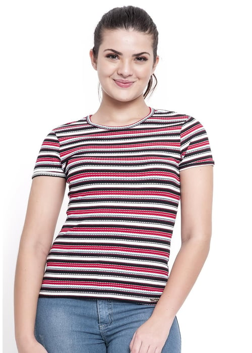 Blusa Feminina Teen Em Malha Canelada Listrada Amofany