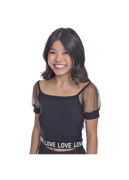 Blusa Cropped Infantil Feminina De Viscolycra Com Manga Em Tule Justa Amofany