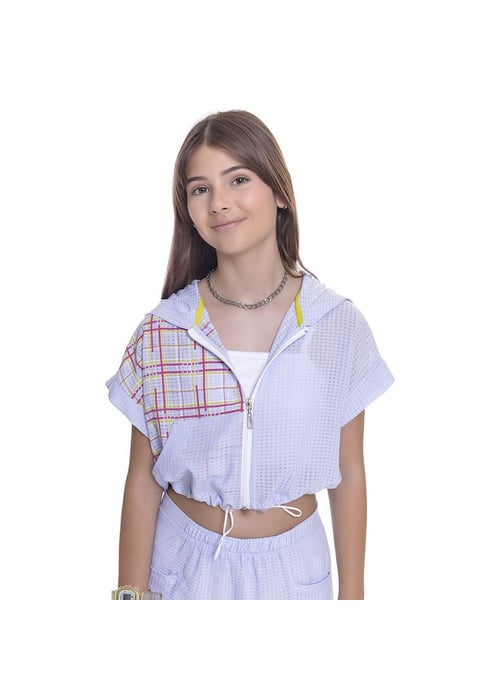 Blusa Infantil Feminina Em Chiffon Xadrez Com Capuz Amofany