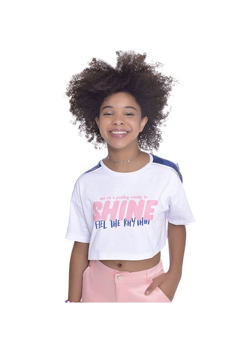 Camiseta Cropped Infantil Feminina Com Detalhe De Brilho Paetê Amofany