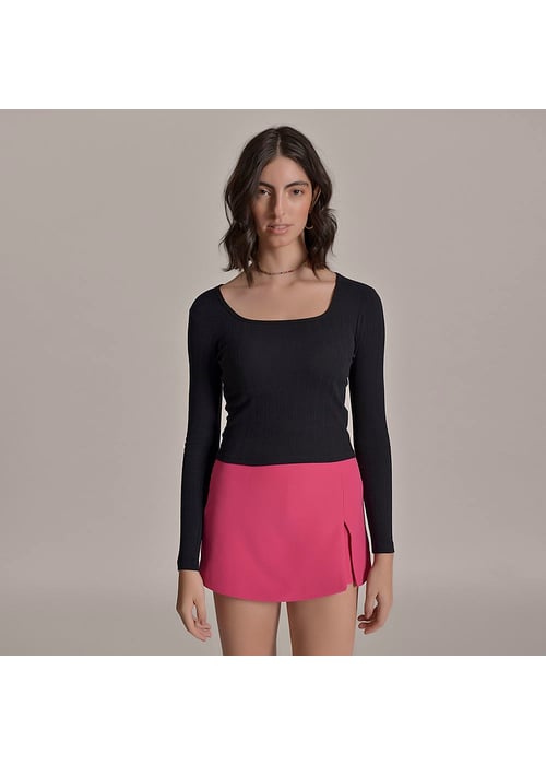 Cropped Básico Manga Longa Feminino Amofany Em Malha Canelada Larga 