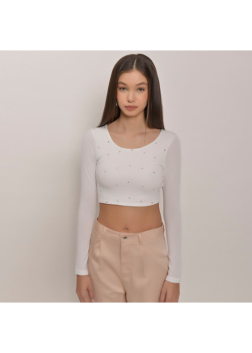 Cropped Manga Longa Com Pontas De Strass Feminino Amofany Em Malha Tricô 